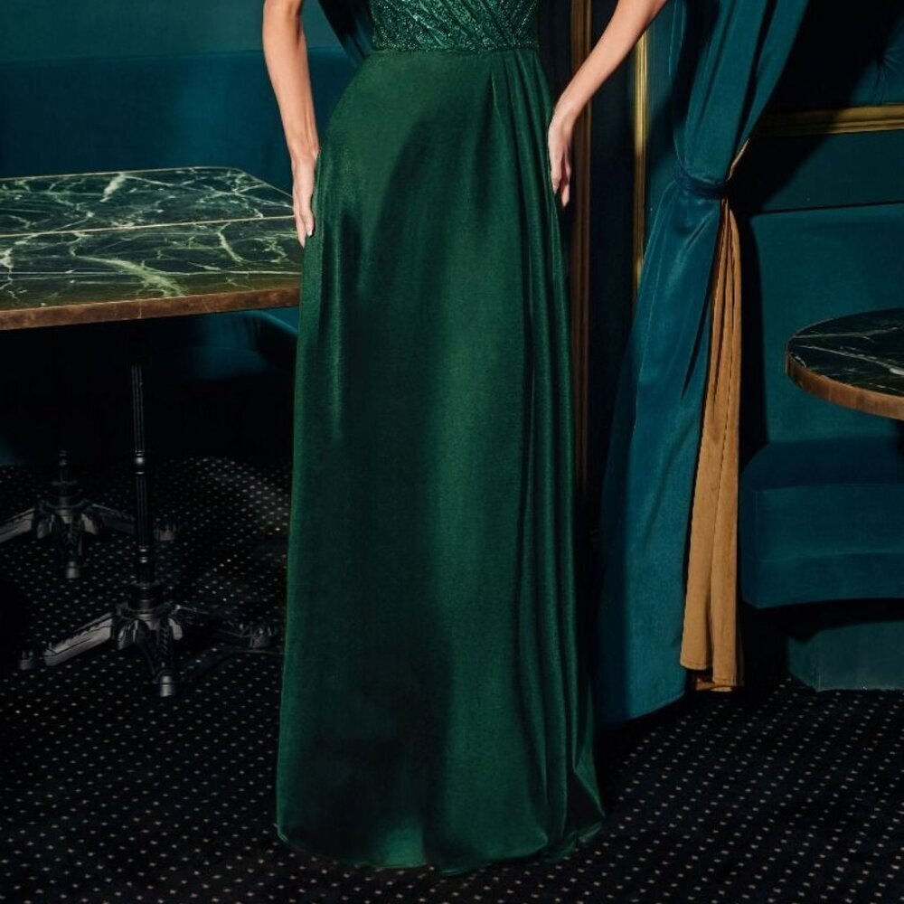 New A-Line Sequins Embellished Beaded Satin Dress w/ Butterfly Sleeves CD CC447 - Picture 6 of 6